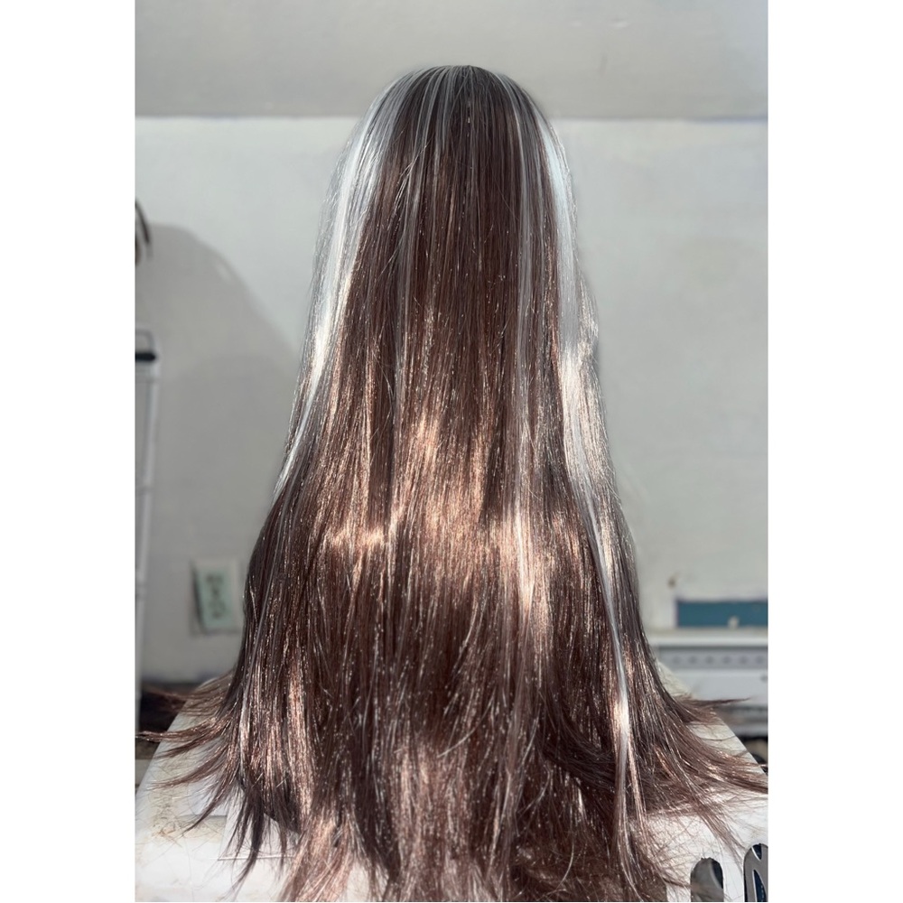 Long Straight Two-Tone Wig - Silver & Brown - Picture 2 of 8